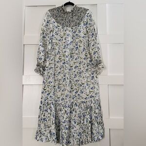 Zara Smocked Prairie Maxi Dress Women's Size XS Blue Floral Cottagecore Boho